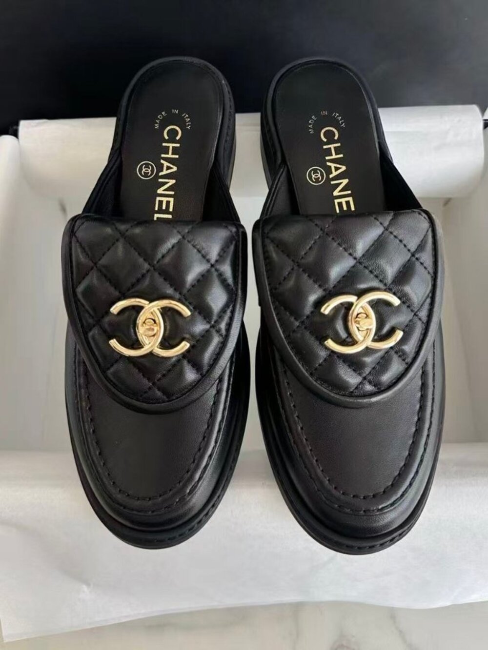 Chanel Black Quilted CC Turnlock Mule Slide Loafer
